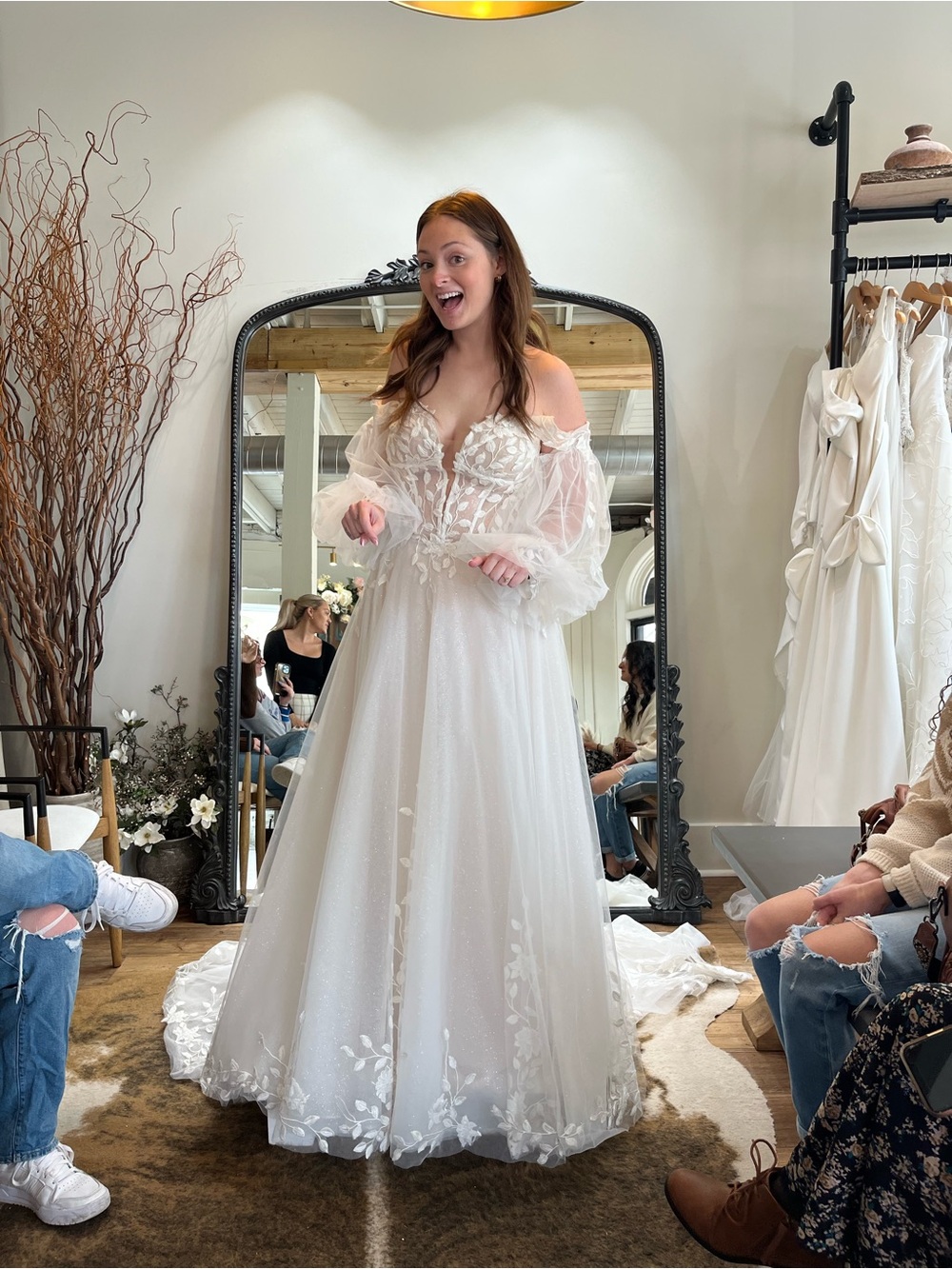 Boho Off The Shoulder Wedding Dress Aline With Puffy Sleeves